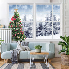 Lofaris Green Christmas Tree And Outside Snowy World Backdrop