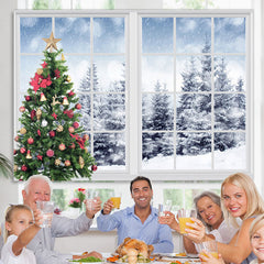 Lofaris Green Christmas Tree And Outside Snowy World Backdrop