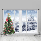 Lofaris Green Christmas Tree And Outside Snowy World Backdrop