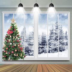 Lofaris Green Christmas Tree And Outside Snowy World Backdrop