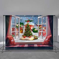 Lofaris Green Christmas Tree And Outside Window Winter Backdrop