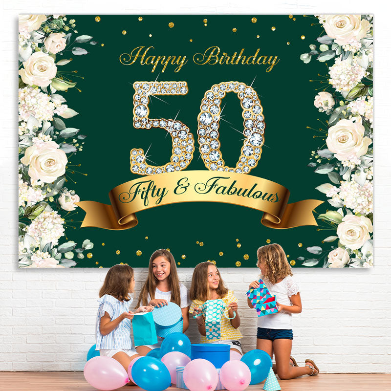Lofaris Green Floral And Glitter Happy 50Th Birthday Backdrop