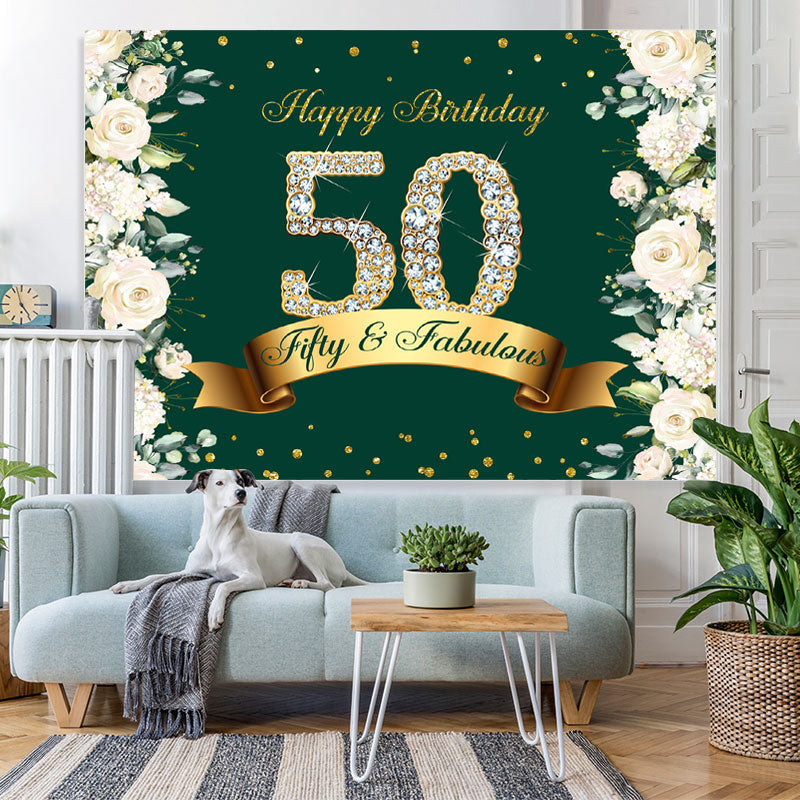 Lofaris Green Floral And Glitter Happy 50Th Birthday Backdrop
