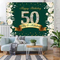 Lofaris Green Floral And Glitter Happy 50Th Birthday Backdrop
