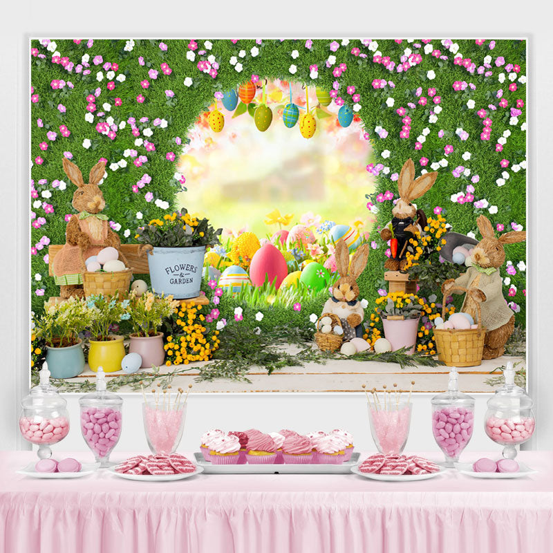 Lofaris Green Floral Door With Cute Rabbit Happy Easter Backdrop