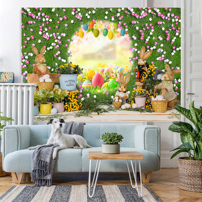 Lofaris Green Floral Door With Cute Rabbit Happy Easter Backdrop