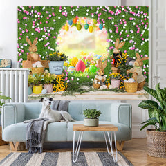 Lofaris Green Floral Door With Cute Rabbit Happy Easter Backdrop