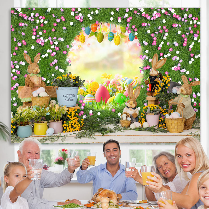Lofaris Green Floral Door With Cute Rabbit Happy Easter Backdrop