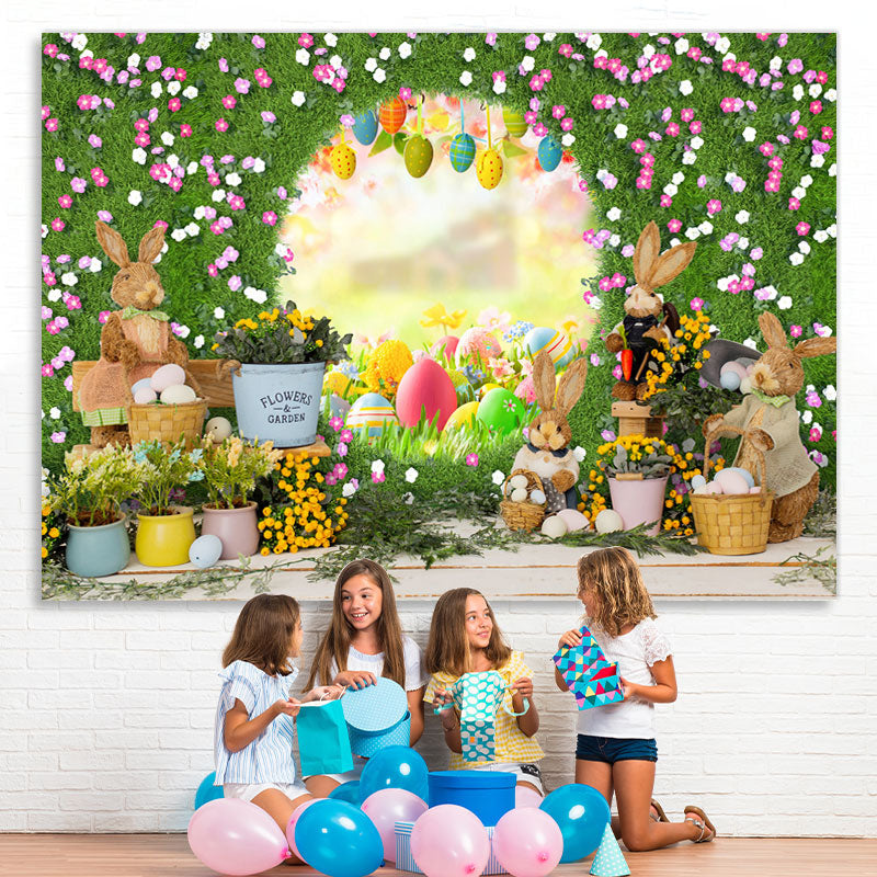 Lofaris Green Floral Door With Cute Rabbit Happy Easter Backdrop