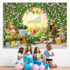 Lofaris Green Floral Door With Cute Rabbit Happy Easter Backdrop
