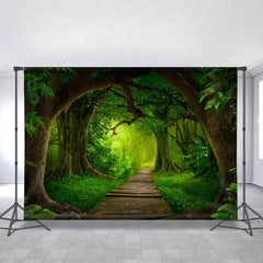 Lofaris Green Forest Jungle With Wooden Road Spring Backdrop