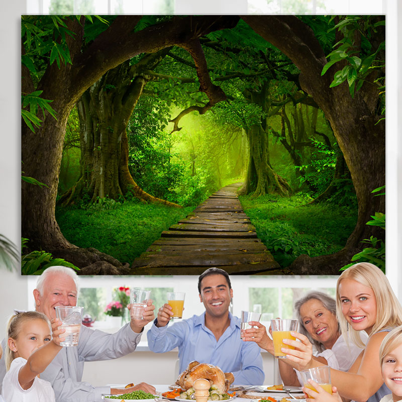 Lofaris Green Forest Jungle With Wooden Road Spring Backdrop