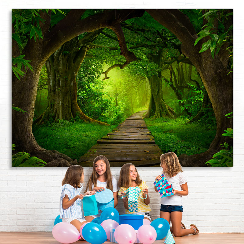 Lofaris Green Forest Jungle With Wooden Road Spring Backdrop