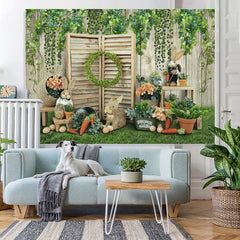 Lofaris Green Garden With Lovely Rabbit Happy Easter Backdrop