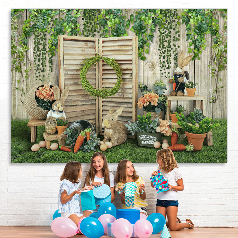 Lofaris Green Garden With Lovely Rabbit Happy Easter Backdrop