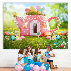 Lofaris Green Grass And Pink Teapot Happy Easter Day Backdrop