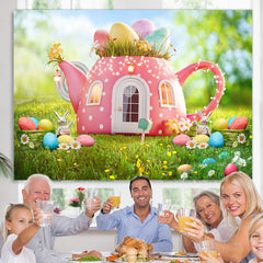 Lofaris Green Grass And Pink Teapot Happy Easter Day Backdrop