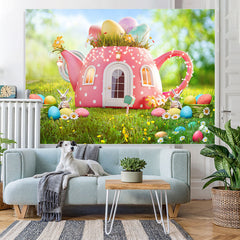 Lofaris Green Grass And Pink Teapot Happy Easter Day Backdrop