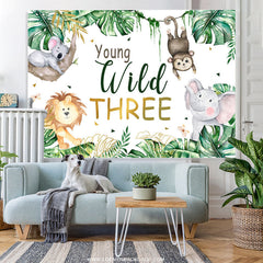 Lofaris Green Leaf And Animals Young Wild Three Birthday Backdrop