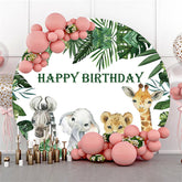 Lofaris Green Leaves And Animals Round Kids Birthday Backdrop