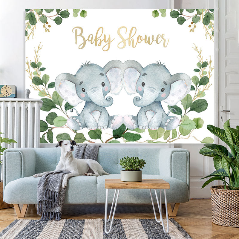Lofaris Green Leaves And Elephants Baby Shower Backdrop