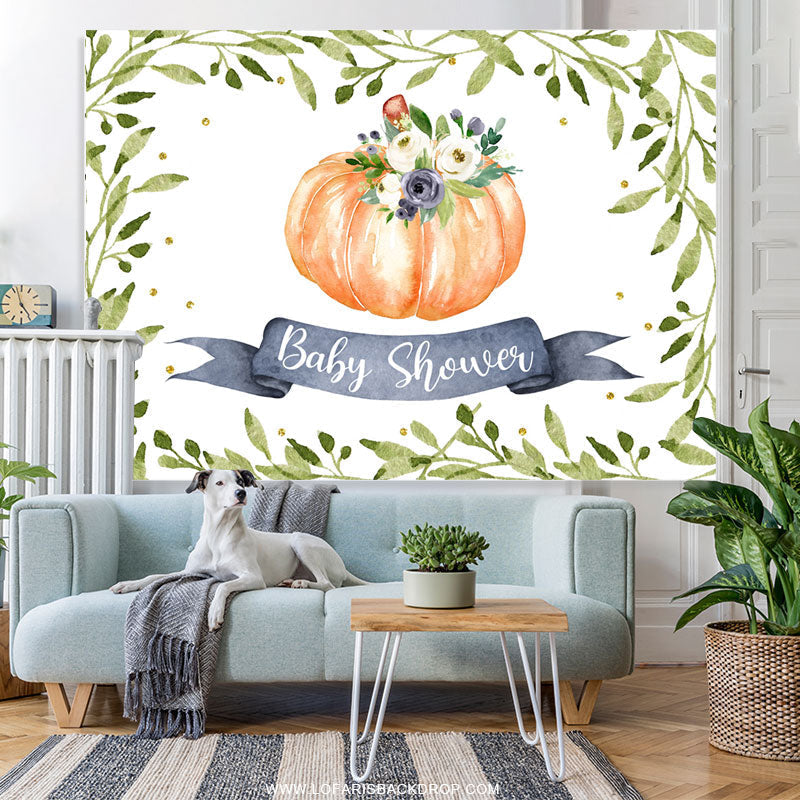 Lofaris Green Leaves And Floral Pumpkin Baby Shower Backdrop