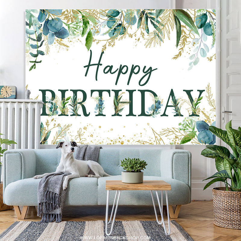 Lofaris Green Leaves And Gold Glitter Happy Birthday Backdrop