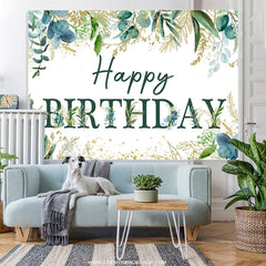 Lofaris Green Leaves And Gold Glitter Happy Birthday Backdrop