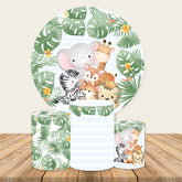 Lofaris Green Leaves And Jungle Animals Round Birthday Backdrop Kit