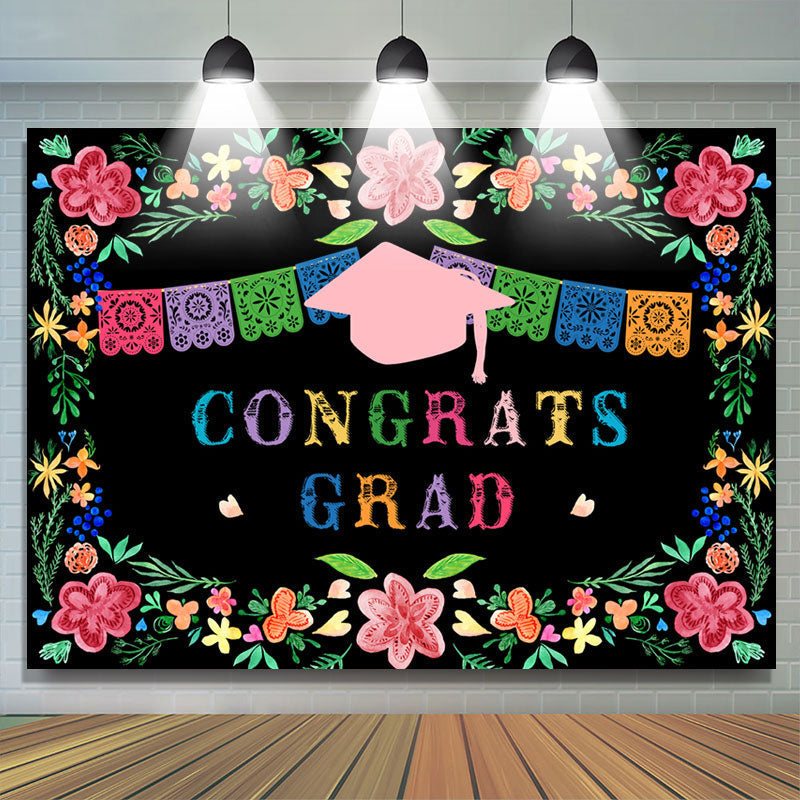 Lofaris Green Leaves And Pink Floral Black Congrats Grad Backdrop