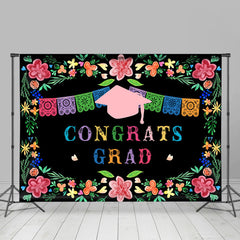 Lofaris Green Leaves And Pink Floral Black Congrats Grad Backdrop