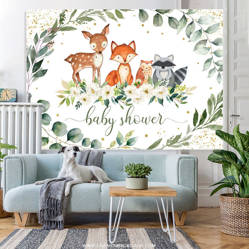 Lofaris Green Leaves And White Floral Baby Shower Backdrop