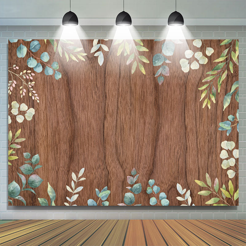 Lofaris Green Leaves Brown Wooden Wall Spring Party Backdrop