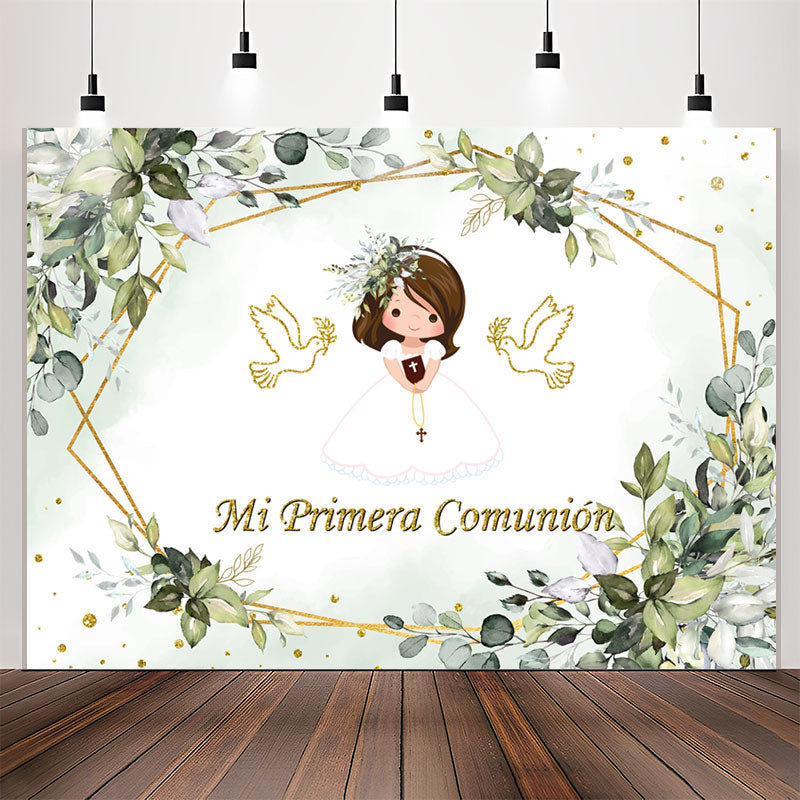 Lofaris Green Leaves Communion Pigeon Girl Baptism Backdrop