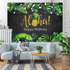 Lofaris Green Leaves Glitter Alha Black Happy Birthday Backdrop