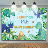 Lofaris Green Leaves Stomp Chomp Rawr Blue Happy Birthday Backdrop