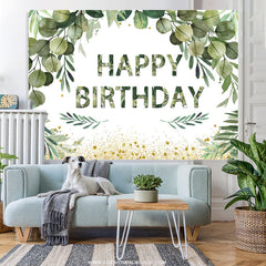 Lofaris Green Leaves With Golden Dots Happy Birthday Backdrop