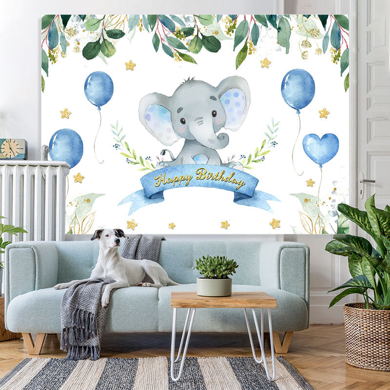 Lofaris Green Plant and Bule Balloons Happy Birthday Backdrop