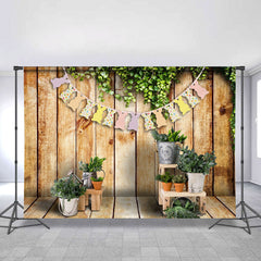 Lofaris Green Plant With Cute Rabbit Wooden Easter Backdrop