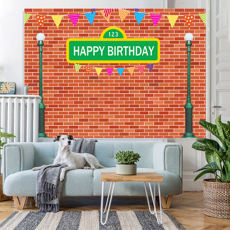 Lofaris Green Street Lamp And Red Brick Happy Birthday Backdrop
