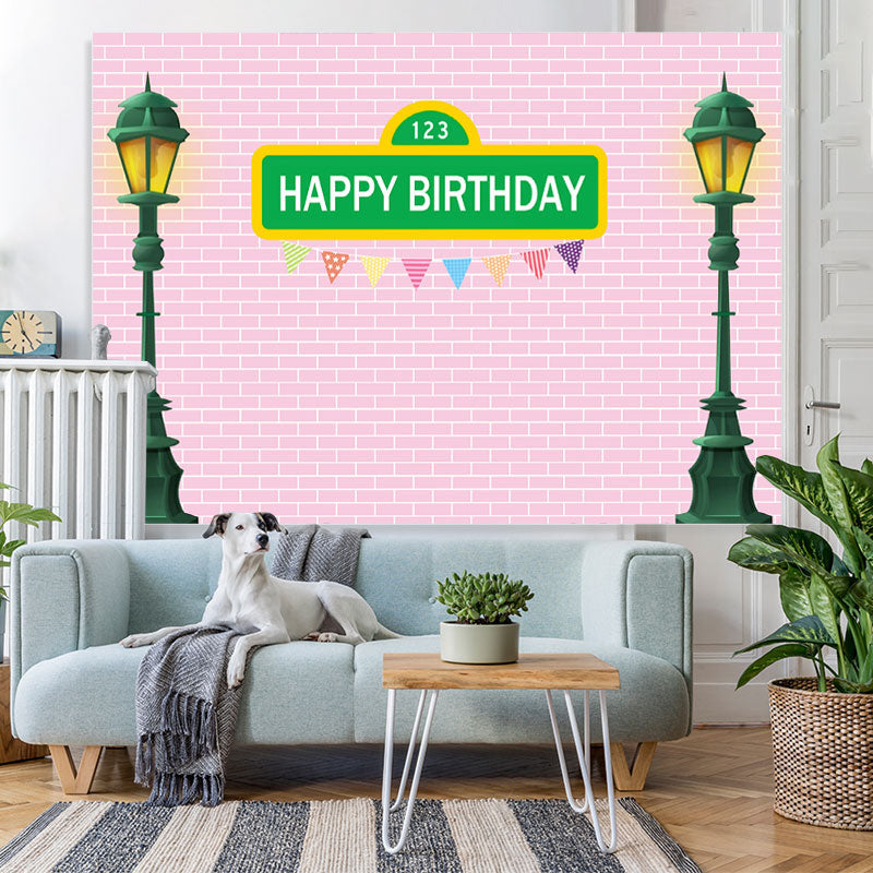 Lofaris Green Street Lamp With Pink Brick Birthday Backdrop