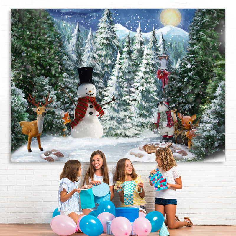 Lofaris Green Tree Snow Mountain And Cute Fawn Winter Backdrop