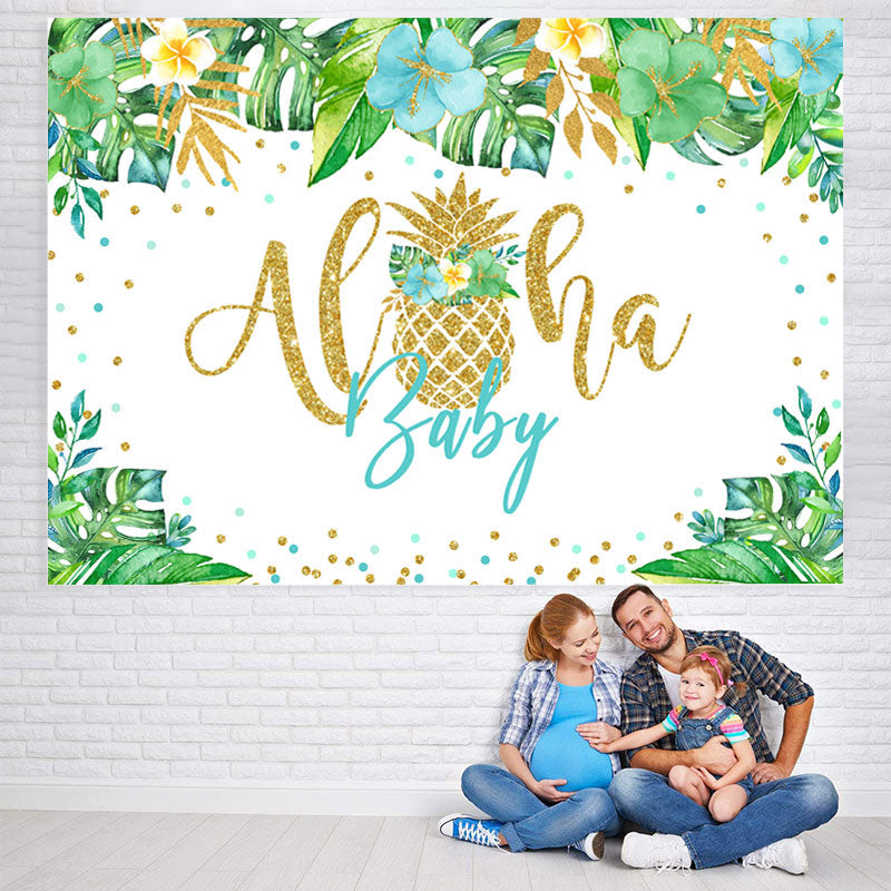 Lofaris Green Tropical Plant Golden Aloha Baby Shower Backdrop
