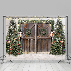 Lofaris Green Wreath Tree Stripe Wooden Winter Party Backdrop
