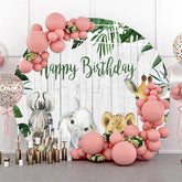 Lofaris Greeny Leaves And Animals Round Happy Birthday Backdrop