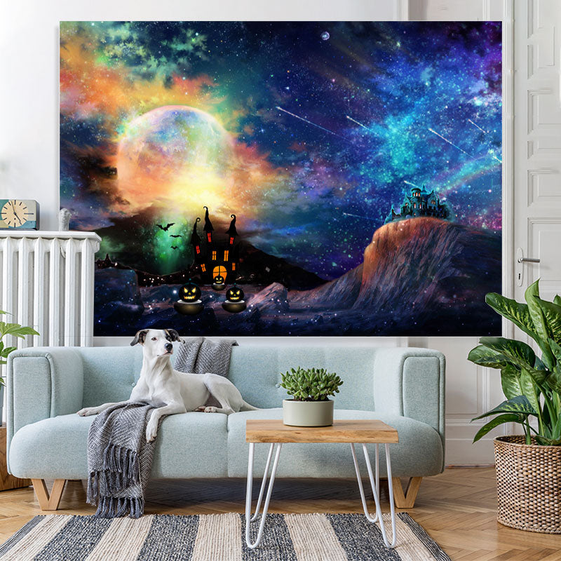 Lofaris Halloween Misty Night Scary Castle Bat Full Moon Pumpkin Backdrop