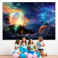 Lofaris Halloween Misty Night Scary Castle Bat Full Moon Pumpkin Backdrop