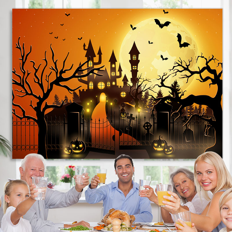 Lofaris Halloween Moonlight Haunted Castle Pumpkin Lantern Backdrop
