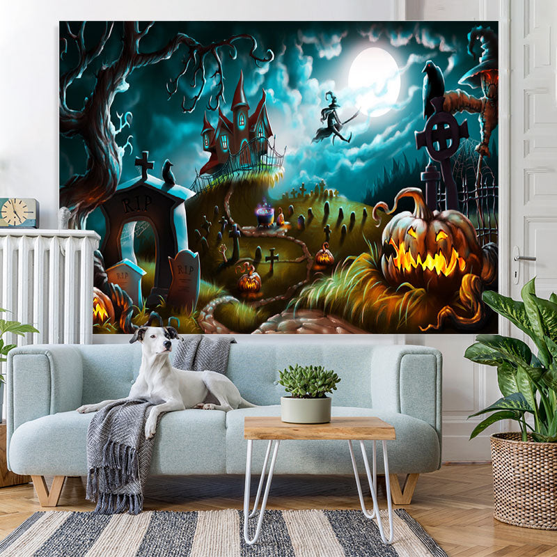 Lofaris Halloween Scary Night Castle Pumpkins Witch Cemetery Backdrop