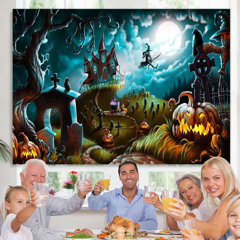 Lofaris Halloween Scary Night Castle Pumpkins Witch Cemetery Backdrop